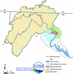A map of the Potomac River watershed showing the area of study and the water suppliers service areas.